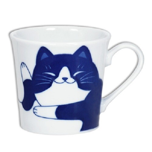 Taza de té de sushi japonesa 3,5" H porcelana azul blanco gato Oreo, hecha en Japón