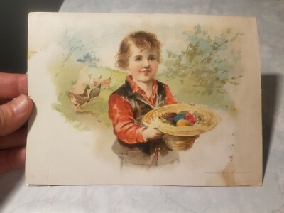 1893 LION COFFEE Woolson Spice Victorian Trade Card Easter Egg Basket Chickens