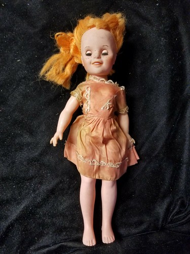 Vintage Unbranded 14" Freckle Faced Red Hair Plastic Doll Sleepy Eyes Rough 