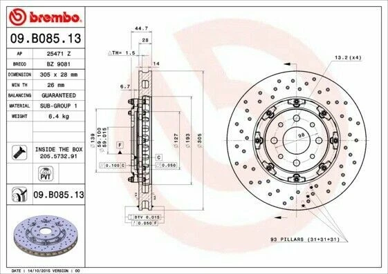 Paar Scheiben Vorne Brembo 305mm Perforiert Schwimmende Abarth 595/695 1.4 180 - Bild 3 von 4