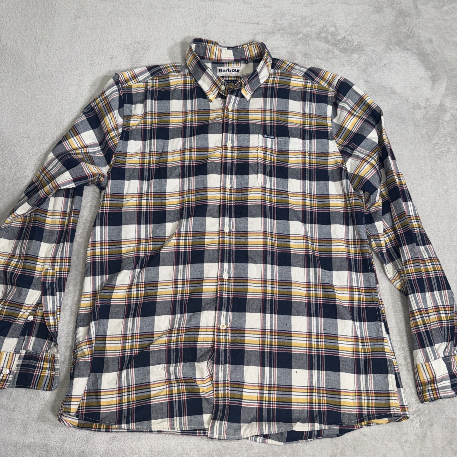 Barbour  Tailored Fit Button Down Shirt Mens Us Large L 100% Cotton Plaid Flaw