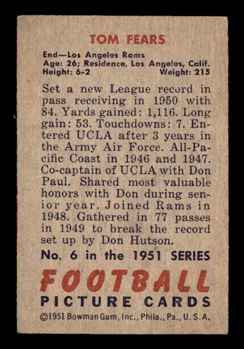 1951 Bowman Football Tom Fears #6 VG/EX - Foto 2 di 2
