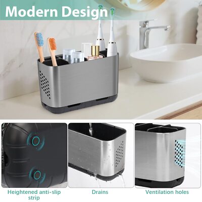 Stainless Steel Toothbrush Holder – Rustproof Bathroom Organizer, 3 Toothbrush Slots, Toothpaste & Comb Storage