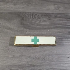 Vtg Small Brass Enamel Brass Trinket Pill Box Green Cross