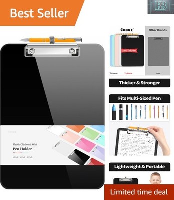 Versatile Plastic Clipboard with Secure Clip & Stylish Pen Holder - Black 8.5x11