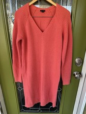 Ann Taylor Coral Alpaca Wool Thick Cable Knit V-Neck Midi Sweater Dress Sz. L