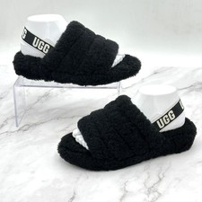 UGG Slide Slippers Womens Size 7 Black Shearling Furry Logo Strap Cozy Platform