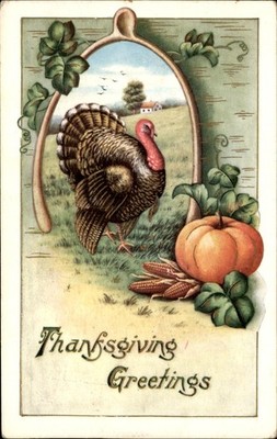 Thanksgiving Turkey with Pumpkin and Corn Animals c1910s-20s Vintage Postcard