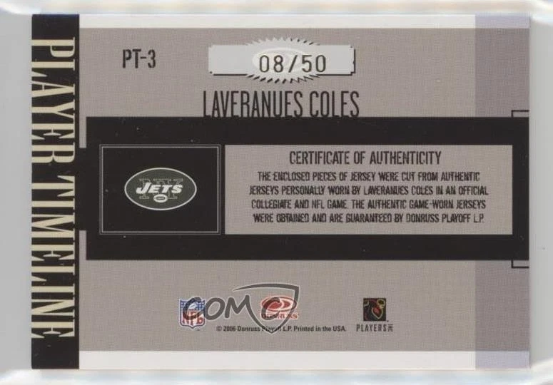 2006 Donruss Gridiron Gear Combos Jerseys Prime /50 Laveranues Coles #PT-3 - Image 2 of 2