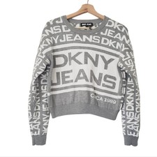 DKNY Jeans Size Medium Exploded Logo Sweater Soft and Cozy Warm Gray White