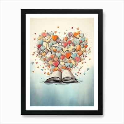 Offenes Buch Herz Pastell Strichzeichnung gerahmt Wandbild Poster Leinwanddruck Bild