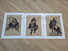 RARE ORIGINAL, SIGNED, MONGOLIAN WARRRIORS - WATER COLORS ON PAPER (3 PAINTINGS)