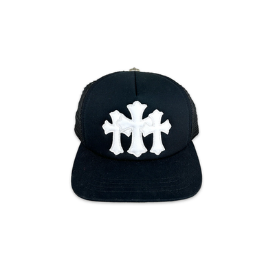 Chrome Hearts White Leather Triple Cemetery Cross CH Trucker Hat