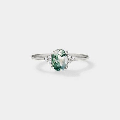 Natural Oval Moss Agate Stacking Ring in 925 Sterling Silver