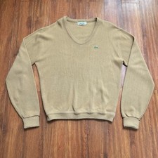 Vtg Izod Lacoste Orlon Acrylic V-Neck Knit Sweater L Brown Pullover USA 70s 80s
