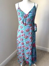 BNWOT Zara Blue Pink Floral V-neck Midi Wrap Summer Dress Size M Medium