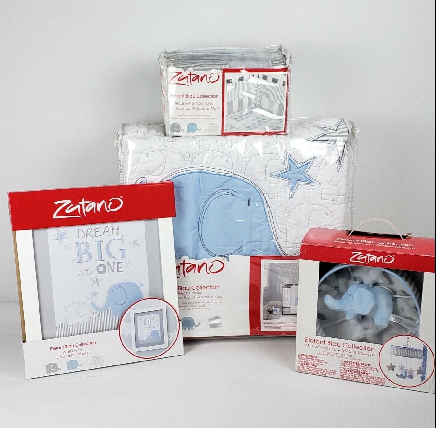 Zutano Elefant Blau 7 Piece (including mobile) Crib Set- White/Blue/Grey