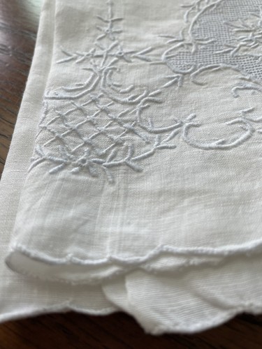 Vtg White Embroidered Pale Blue Flower Basket Scalloped Edge Hand Towel 26x17 - Picture 5 of 5