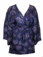 Natori Classics Blue Purple Flower Print Kimono Robe Wide Sleeves w Belt Small