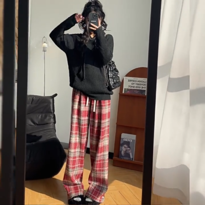 Vintage Plaid Sweatpants Women Wide Leg Pants Elastic Waist
