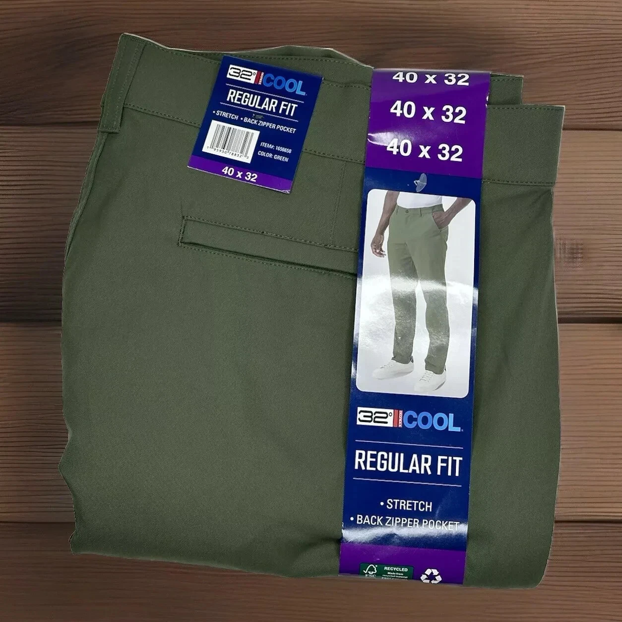 32 Degrees Cool, Regular Fit Stretch Pants, Green, Size 40x32, New With Tags