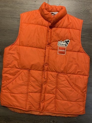 Vintage Sears Autolite Patch Vest Jacket Sz M Puffer Orange Racing Care 70s 80s - Picture 2 of 6