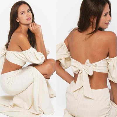 NEW Just Bee Queen Liza Bow Tie Crop Top in Linen Blend Oatmeal Cream