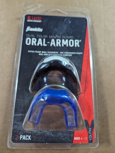 Franklin Dual Color Mouth Guard Oral Armor 2 Pack Youth ages 6-11 blue black - Afbeelding 1 van 5