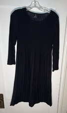 Eileen Fisher Ribbed Pleated Wool 3/4 Sleeve Black Sweater Dress Size S d225