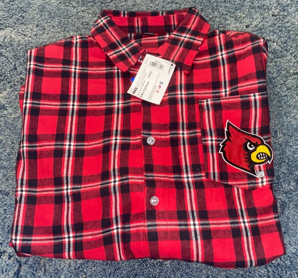 NUEVO CON ETIQUETAS Camisa de franela a cuadros con botones de los Louisville Cardinals para hombre talla pequeña y roja Foto 2 de 2
