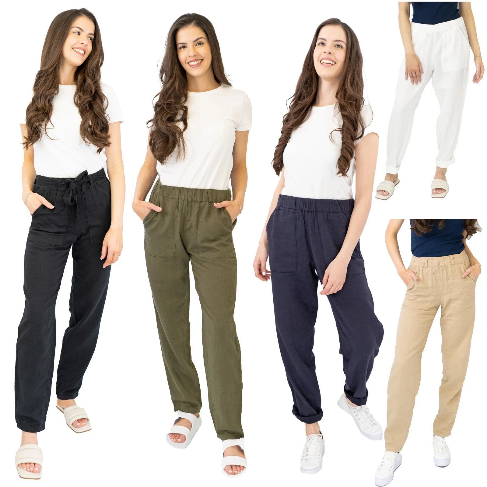 M&S Womens Trousers Cotton Tapered Lightweight Summer Khaki Beige White Black