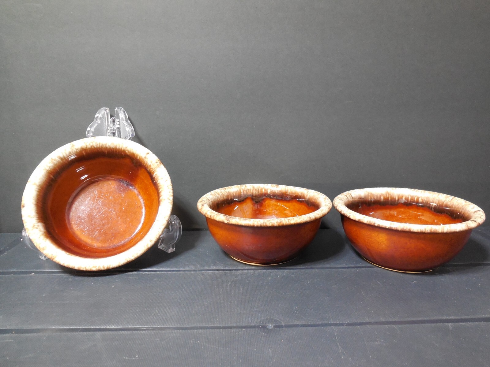 Set of 3 HULL CRESTONE BROWN DRIP 5 3/8" Rim Fruit/Dessert/Sauce Bowls (J11)