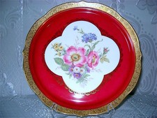 12" ANTIQUE VTG GERMAN BAVARIA LINDNER KUEPS HP PORCELAN RED FLORAL PLATTER TRAY