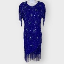 Stenay Womens Evening Silk Dress | 8 | Sequin Beaded Fringe | Royal Blue