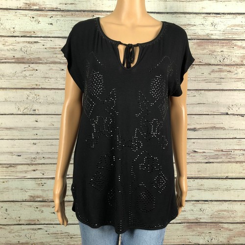 Smitten Shiny Studded Print Split Tie Neck Tunic Shirt XS Black Rayon Knit - Picture 2 of 9