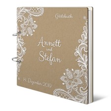 Personalisiertes Hochzeit Gästebuch Holzcover 215x215mm - Rustikal Kraftpapier
