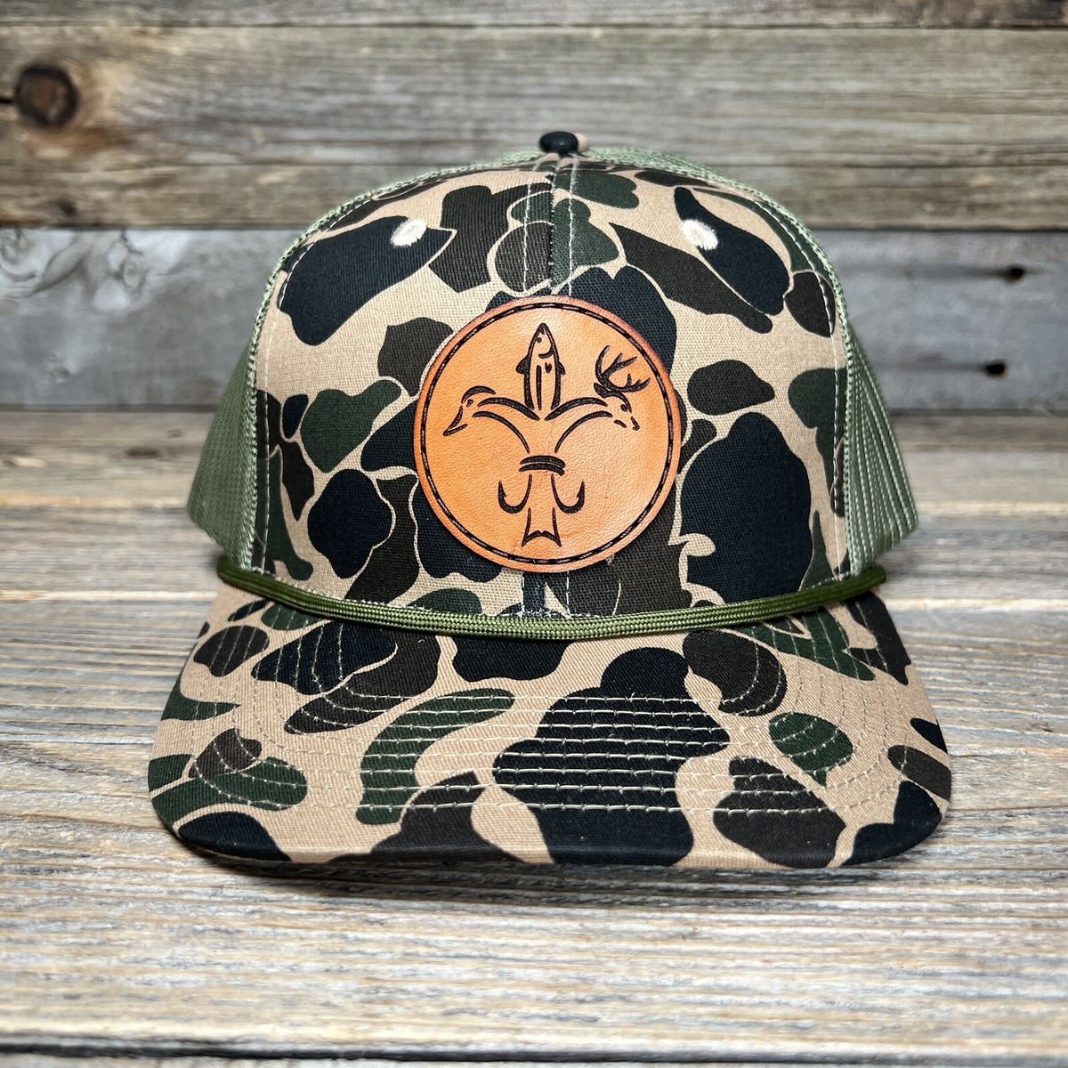 Duck, Fish, Deer Hunting Duck Camo Leather Patch Rope Trucker Hat