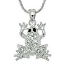 W Swarovski Crystal Frog Jungle Clear Pendant Necklace 18" Chain Jewelry Gift