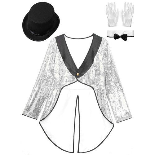 Women Sequin Tuxedo Jacket Tailcoat Halloween Magician Costume with Accessories - Picture 38 of 56