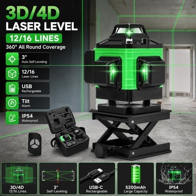 4D Laser Wasserwaage 16 Linien 360° Grün Selbstnivellierend USB Hohe Präzision