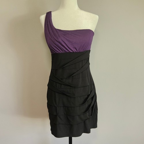 City Triangles Mini Dress Womens L Black Purple Ruched One Shoulder Bodycon