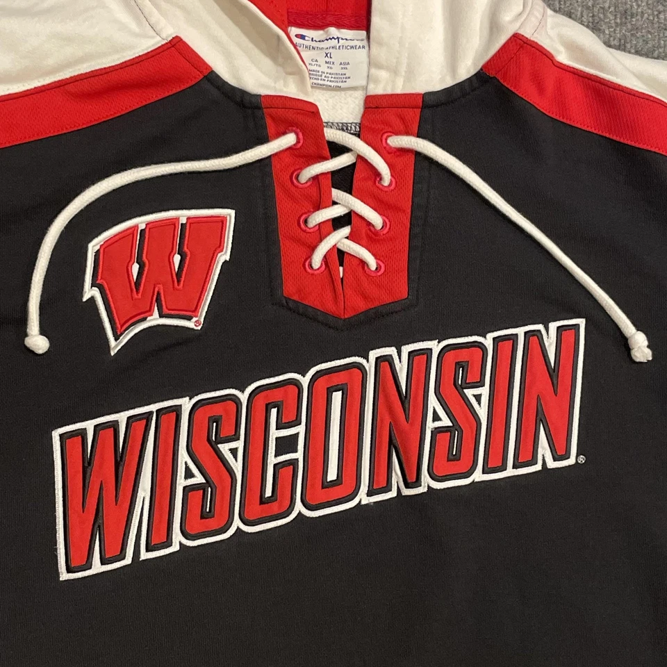 Sudadera con capucha de hockey Wisconsin Badgers para hombre XL negra roja blanca Pullover Champion Foto 4 de 4
