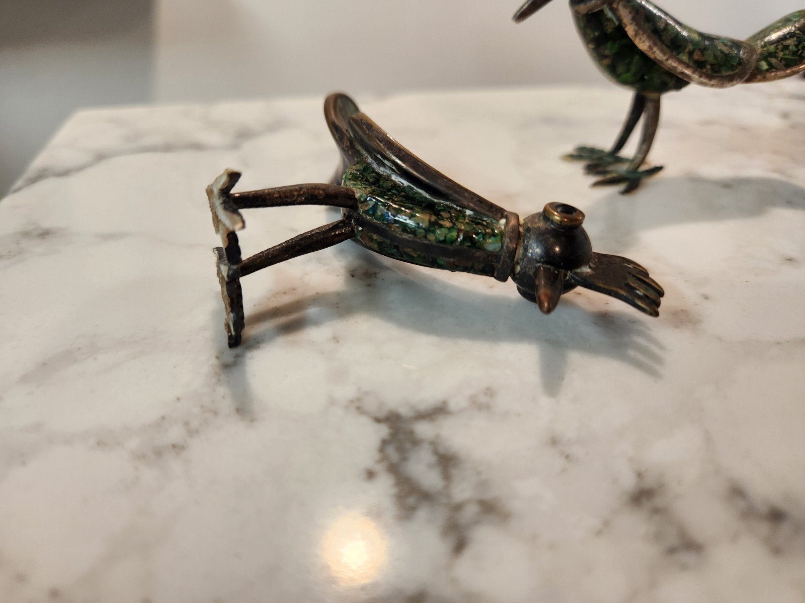 Vintage Los Castillo Mexican Bird Silver Malachite Roadrunner Figure