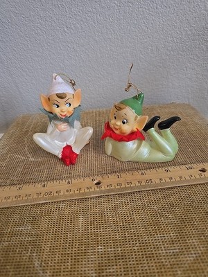 2 Christmas Elf Pixie Japan 50s or 60s Rubber & Hand Painted Vtg MCM  Lot