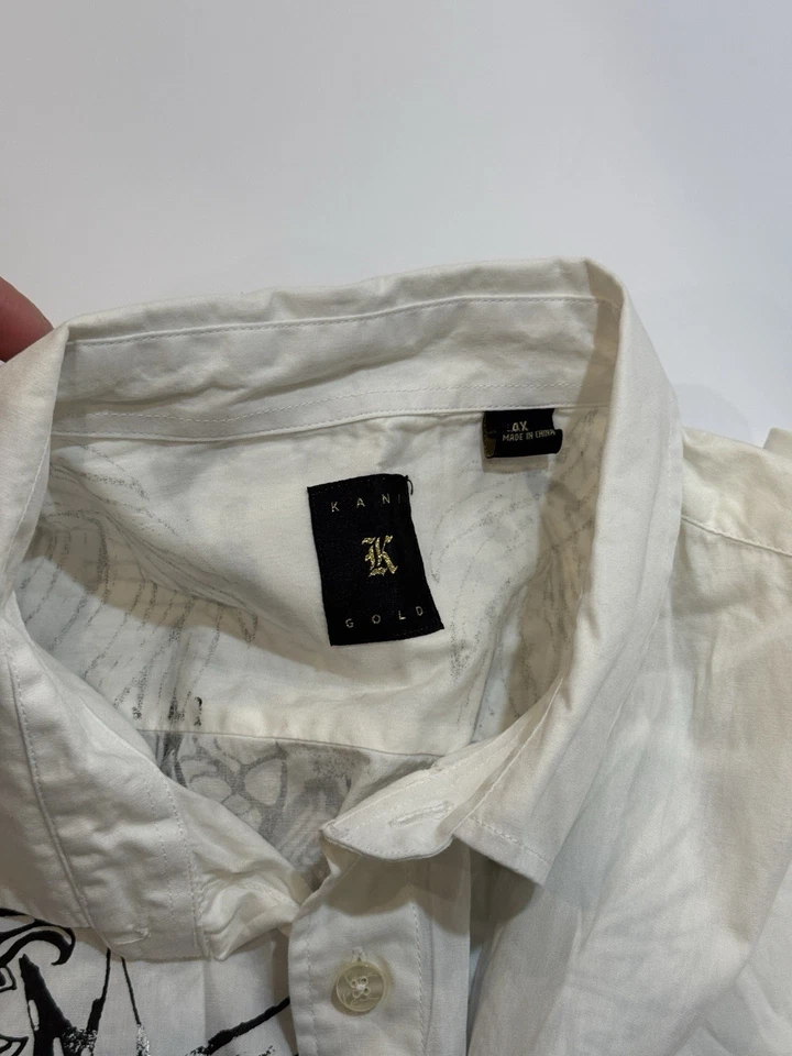VTG Karl Kani Gold Shirt Men's Size 4XL White Logo Graphic Print Y2K Button Up - Image 3 of 4