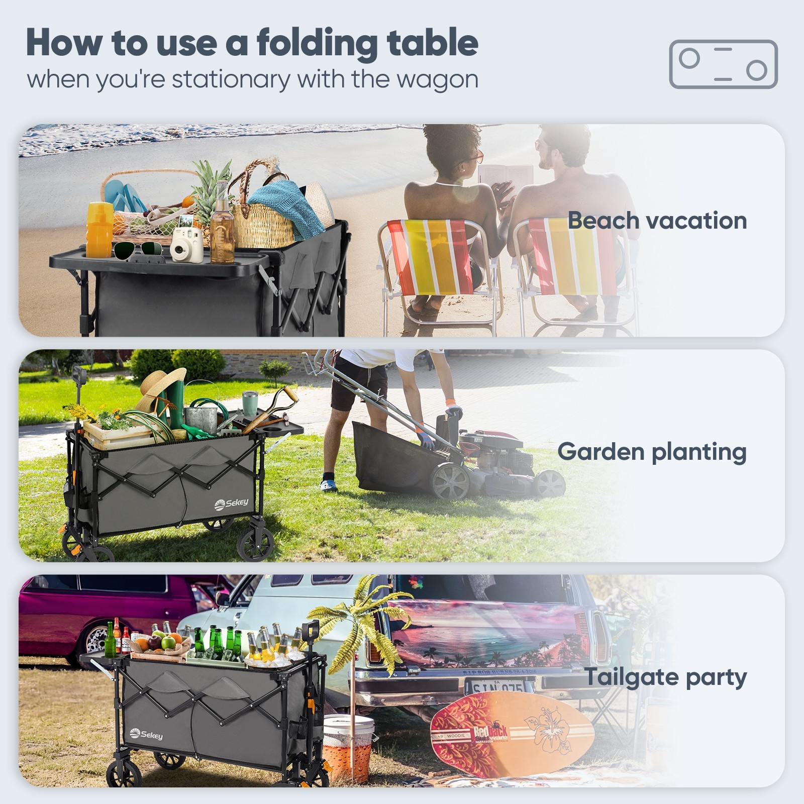 Sekey 250L Collapsible Wagon with Table, Drink Holders, All-Terrain Wheels