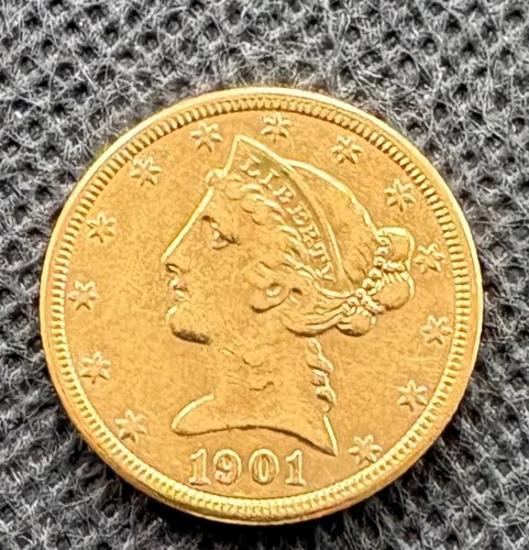 1901 LIBERTY HEAD HALF EAGLE 5 DOLLAR GOLD COIN NEARLY UNCIRCULATED