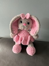 Bunny Crocheted By Hand With Plush Wool Safety Glitter Eyes Pink Dress Easter