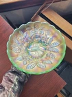 Pretty Ice Green Northwood Carnival Glass Peacock & Urn Master Ice Cream Bowl