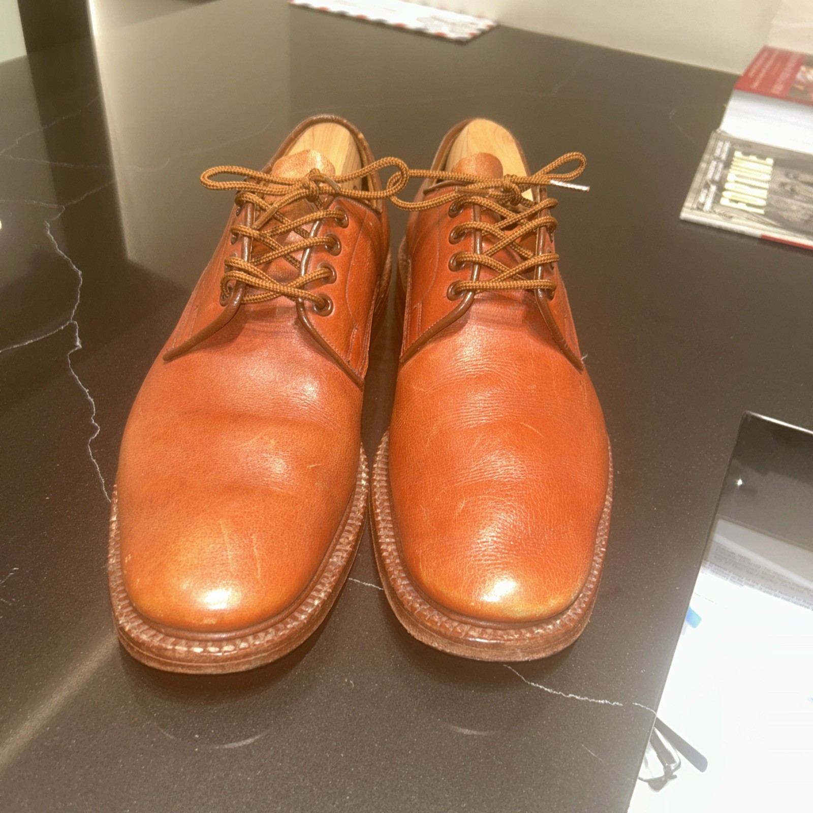 Trickers Tan Brown Leather Derby Shoes Men's Woodstock Handmade England Size 9